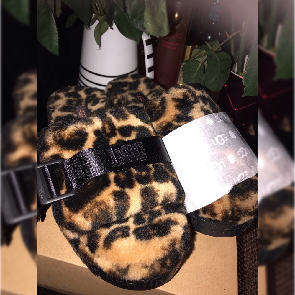 New Authentic UGG Fluffita Panther Print Women’s Sandal Black/Brown Size 9 - Picture 2 of 6